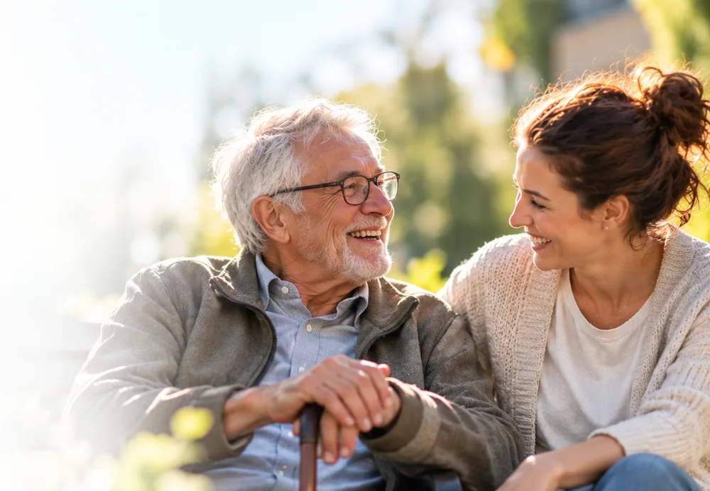 Oudere vrouw en begeleider lachen samen buiten