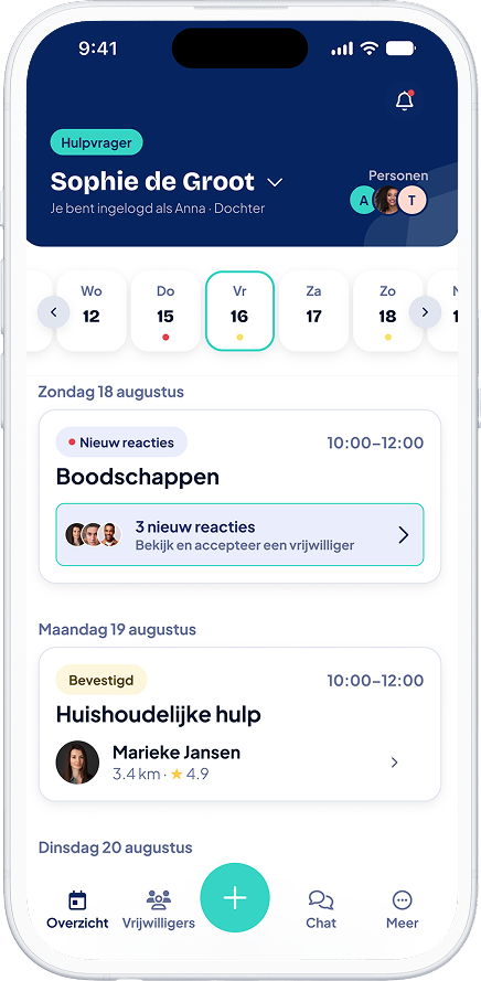 Overzichtsscherm van de HelderHulp-app met hulpvragen en reacties